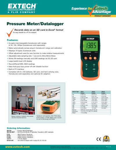 Extech SDL700 Pressure Meter/Datalogger Product Leaflet - cover page