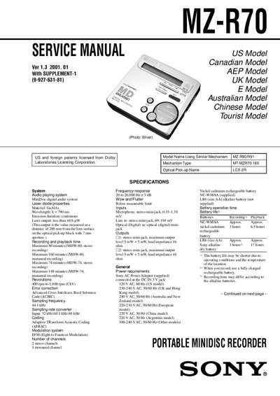 Sony MZ-R70 Service Manual - cover page