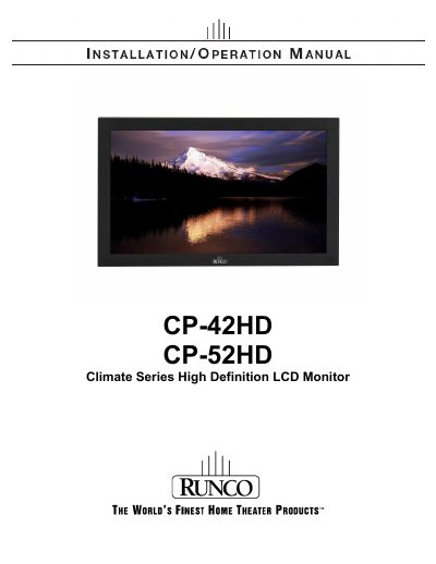 Runco CP-42HD/CP-52HD Climate Series HD LCD Monitor Installation and Operation Manual - cover page