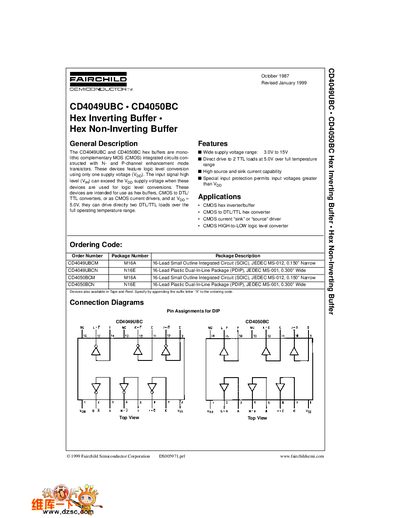 Fairchild Semiconductor CD4049UBC/CD4050BC Hex Buffer Datasheet - cover page