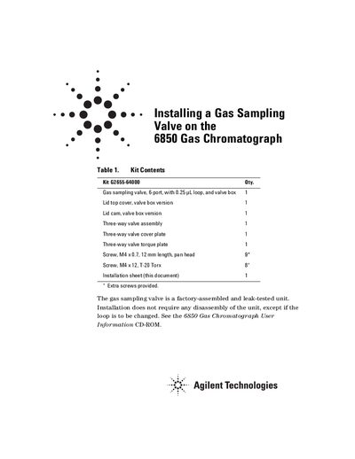 Agilent Technologies 6850 Gas Chromatograph Gas Sampling Valve Installation Guide - cover page