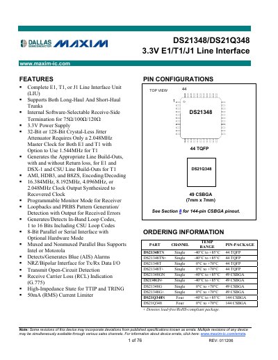 Maxim DS21348/DS21Q348 3.3V E1/T1/J1 Line Interface Datasheet - cover page