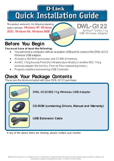 D-Link DWL-G122 Wireless USB Adapter Quick Installation Guide