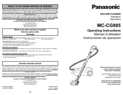 Panasonic MC-CG985 Vacuum Cleaner Operating Instructions - cover page