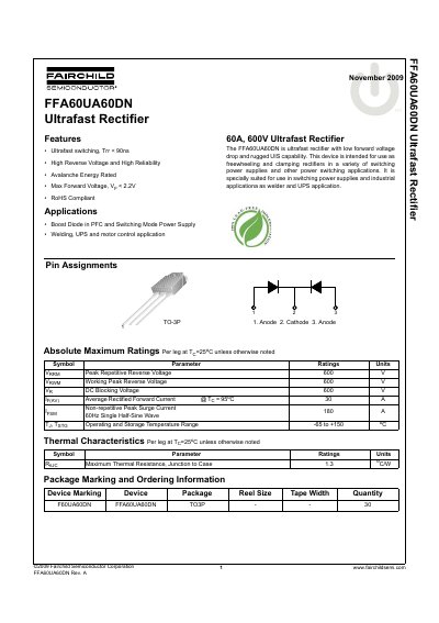 Fairchild Semiconductor FFA60UA60DN Ultrafast Rectifier Datasheet - cover page