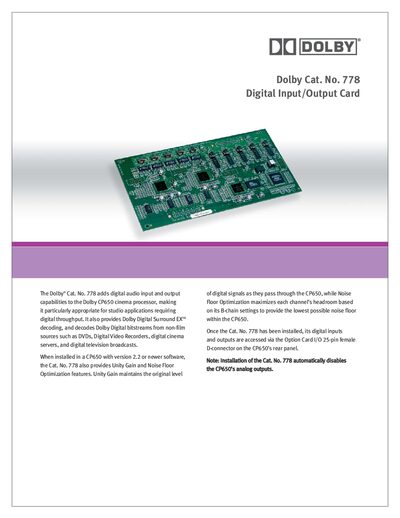 Dolby Cat. No. 778 Digital Input/Output Card Manual - cover page