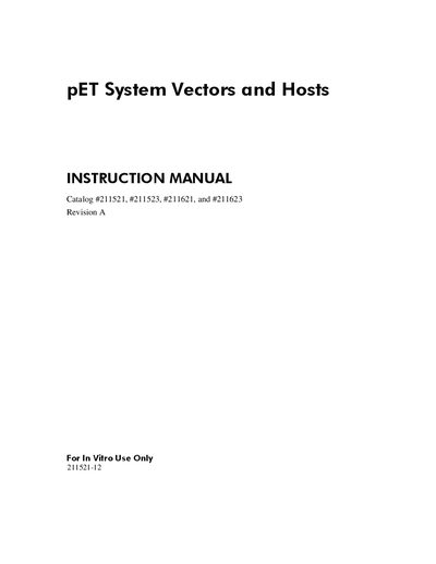 Agilent pET System Vectors Instruction Manual - cover page