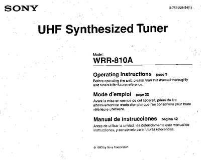Sony WRR-810A UHF Synthesized Tuner User Manual - cover page
