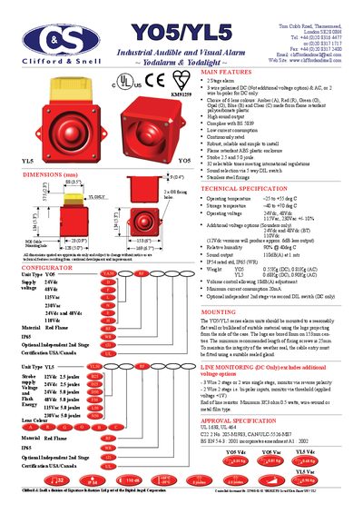 Clifford & Snell YO5/YL5 Industrial Audible Visual Alarm Datasheet - cover page