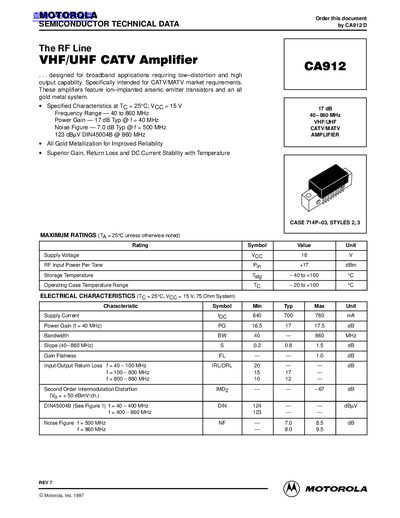 Motorola CA912 VHF/UHF CATV Amplifier Datasheet - cover page