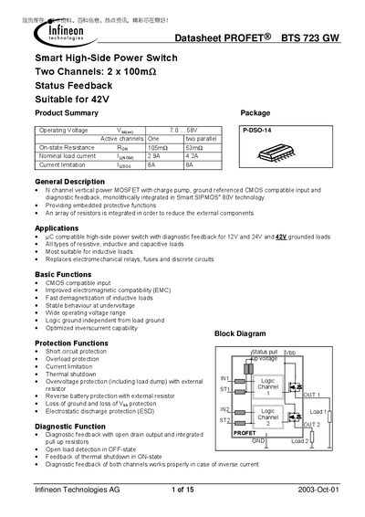 Infineon BTS 723 GW Smart High‑Side Power Switch Datasheet - cover page
