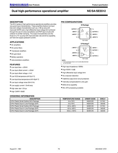 Philips NE/SA/SE5512 Dual Operational Amplifier Datasheet - cover page