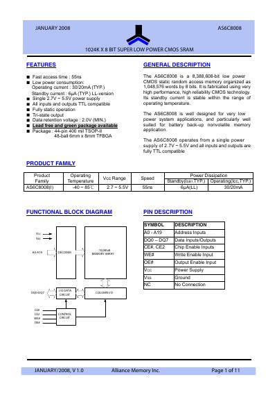 Alliance Memory AS6C8008 SRAM Datasheet - cover page