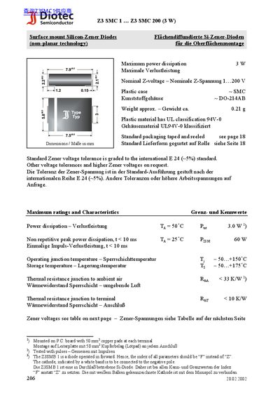 Diotec Z3 SMC 1 &Ouml; Z3 SMC 200 (3 W) Surface mount Silicon-Zener Diodes Fl&permil;chendiffundierte Si-Zener-Dioden (non-planar technology) f&cedil;r die Oberfl&permil;chenmontage - cover page