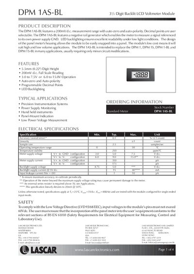 Lascar DPM 1AS-BL 3½ Digit Backlit LCD Voltmeter Module Handbook - cover page