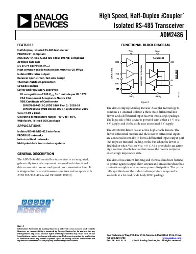 Analog Devices ADM2486 High Speed Half-Duplex iCoupler Isolated RS-485 Transceiver Datasheet - cover page