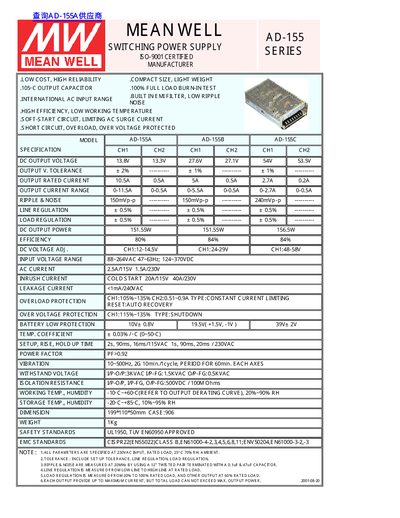 Mean Well AD-155 Series Switching Power Supply Datasheet - cover page