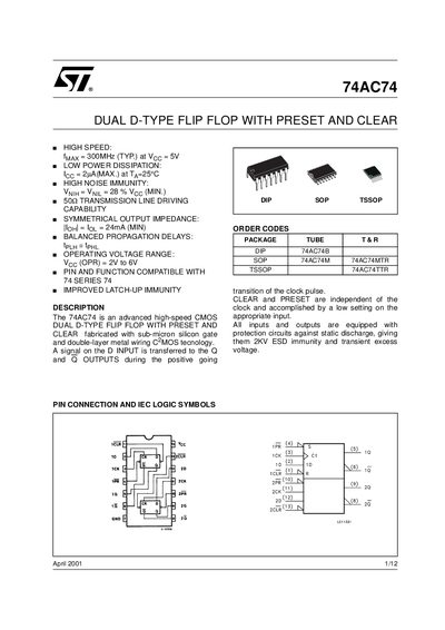 STMicroelectronics 74AC74 Dual D-Type Flip-Flop Datasheet - cover page