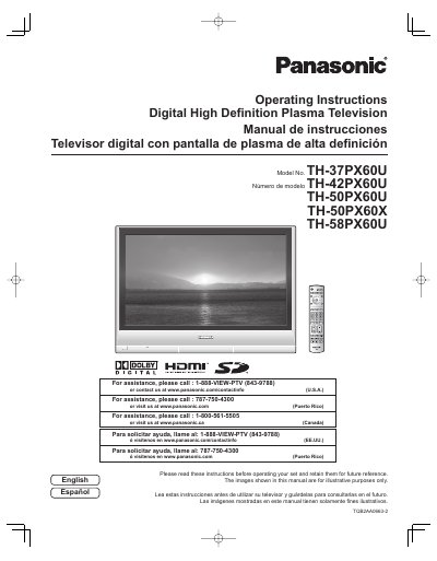 Panasonic TH-37PX60U Digital High Definition Plasma Television Operating Instructions - cover page