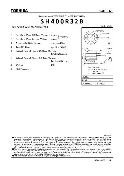Toshiba SH400R32B Thyristor Datasheet - cover page