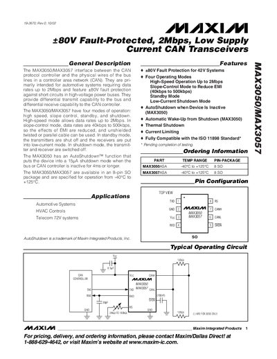 Maxim MAX3050/MAX3057 CAN Transceiver Datasheet - cover page