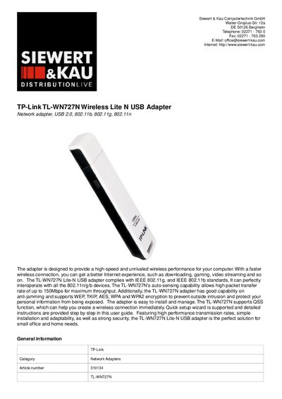 TP-Link TL-WN727N Wireless Lite N USB Adapter User Manual - cover page