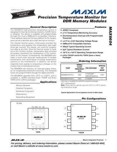 Maxim MAX6604 Precision Temperature Monitor Data Sheet - cover page