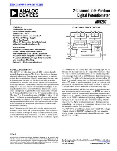 ANALOG DEVICES AD5207 2-Channel 256-Position Digital Potentiometer handbook - cover page