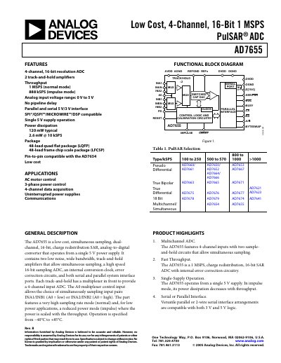 Analog Devices AD7655 16‑Bit ADC Datasheet - cover page
