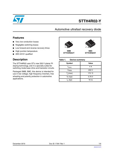 STMicroelectronics STTH4R02-Y Automotive Ultrafast Recovery Diode Datasheet