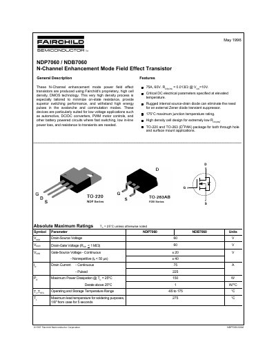 Fairchild NDP7060/NDB7060 N-Channel Enhancement Mode FET Datasheet - cover page