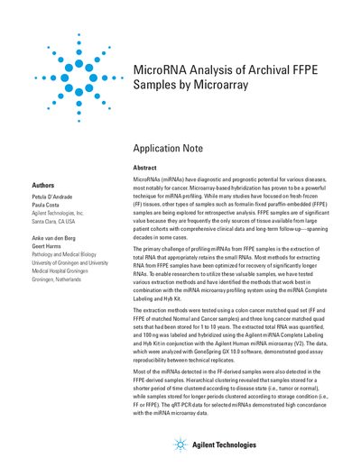 Agilent miRNA Analysis of Archival FFPE Samples by Microarray Application Note - cover page