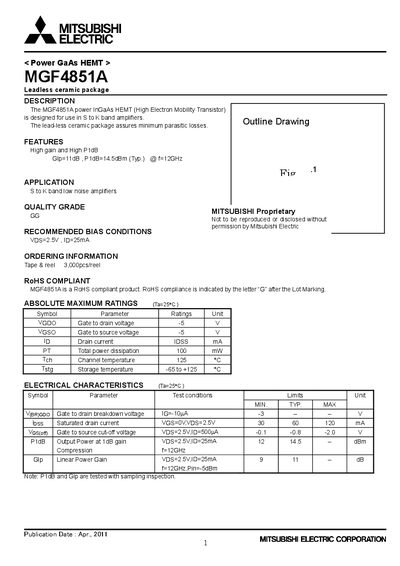 Mitsubishi Electric MGF4851A Power GaAs HEMT Datasheet - cover page