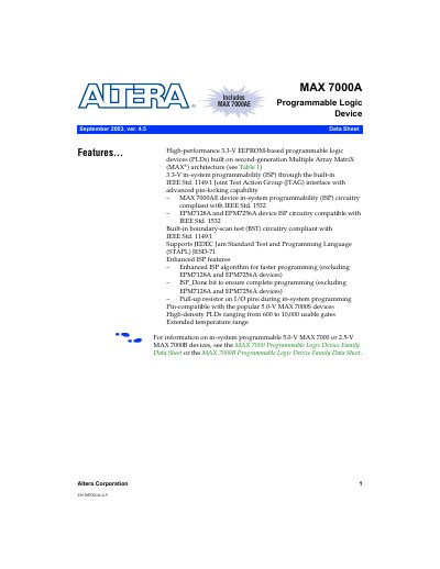 Altera MAX 7000A Programmable Logic Device Datasheet - cover page