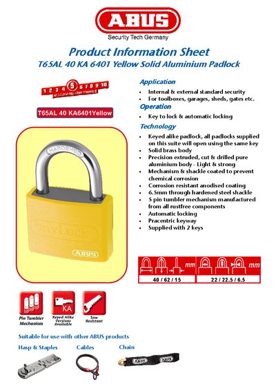 ABUS Product Information Sheet T65AL 40 KA 6401 Yellow Solid Aluminium Padlock - cover page