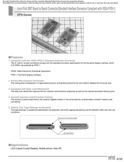 HRS (HIROSE) 1mm Pitch SMT Board to Board Connector(Standard Interface Connector Compliant with VESA FPDI-1) DF9 Series - cover page