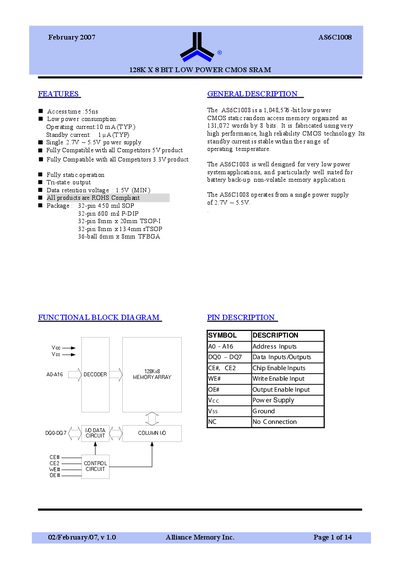Alliance Memory AS6C1008 SRAM Datasheet - cover page