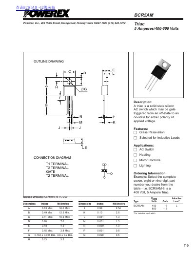 POWEREX BCR5AM Triac 5 Amperes/400-600 Volts - cover page