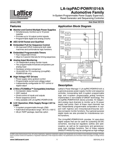LATTICE SEMICONDUCTOR LA-ispPAC-POWR1014/A Automotive Family In-System Programmable Power Supply Supervisor Reset Generator Sequencing Controller January 2008 Data Sheet DS1018
