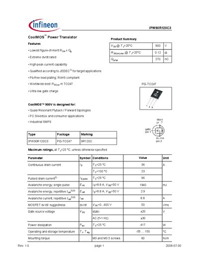 Infineon IPW90R120C3 Datasheet - cover page
