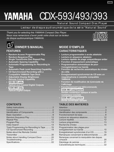 Yamaha CDX-593/493/393 Compact Disc Player Owner's Manual - cover page