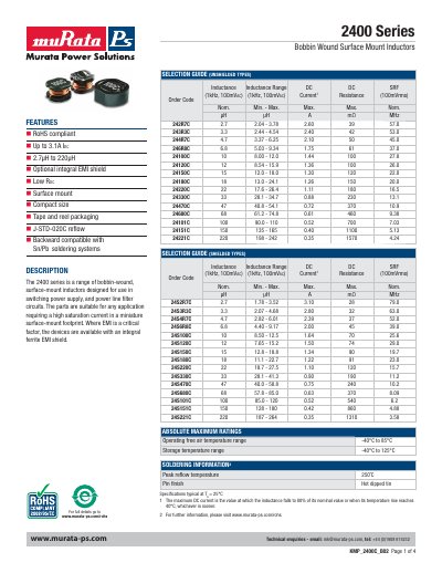 Murata 2400C Series Bobbin Wound Surface Mount Inductors Datasheet - cover page
