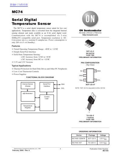ON Semiconductor MC74 Serial Digital Temperature Sensor Datasheet - cover page