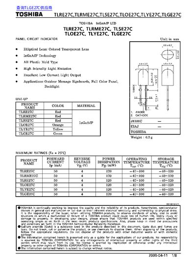 TOSHIBA TLRE27C/TKRME27C/TLSE27C/TLOE27C/TLYE27C/TLGE27C Manual - cover page