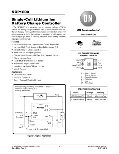ON Semiconductor NCP1800 Single-Cell Lithium Ion Battery Charge Controller Datasheet - cover page