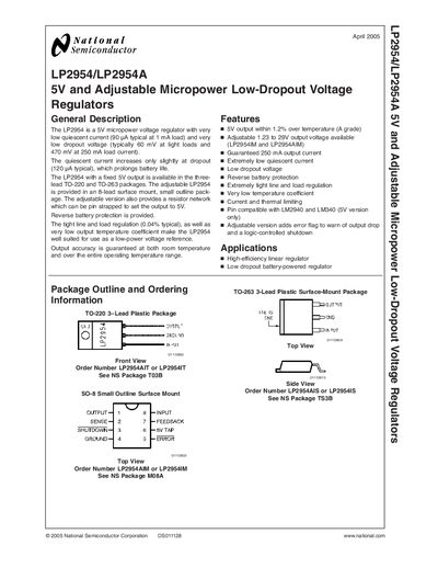 National Semiconductor LP2954/LP2954A 5V Adjustable Micropower Low-Dropout Voltage Regulator Datasheet - cover page