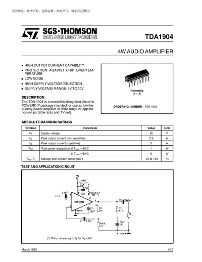 SGS-THOMSON TDA1904 Audio Amplifier Datasheet