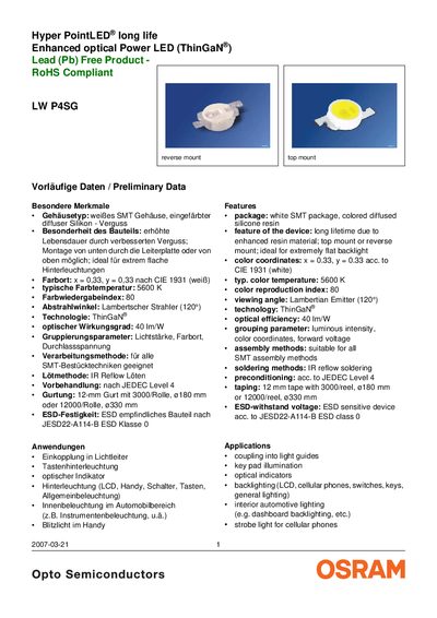 OSRAM LW P4SG LED Datasheet - cover page