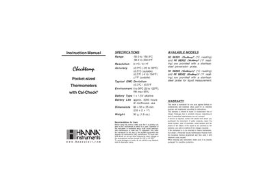 Hanna Instruments HI 98501/98502/98505 Pocket-sized Thermometers Instruction Manual - cover page