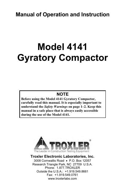 Troxler 4141 Gyratory Compactor Manual of Operation and Instruction - cover page